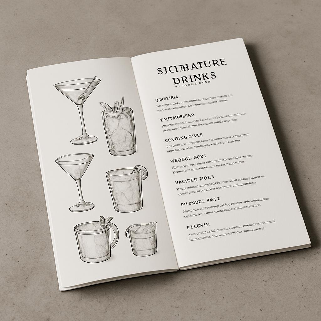 An open book with a page showing cocktail glasses and a drink menu for a bar called Sicilian Nature Drinks.